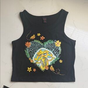 Black Graphic Crop Top with Colorful Heart Design